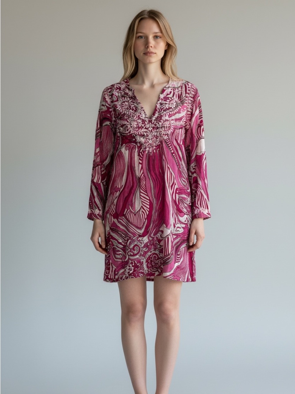 Raj Tunic dress Paisley Sheer Boho V Neck Embroidered Large Slits Boho Cotton